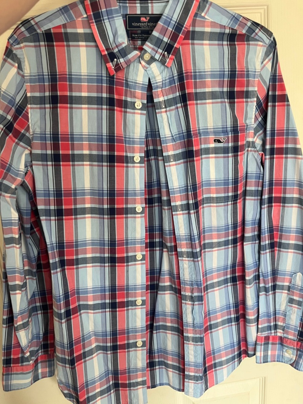 Vineyard Vines Men’s Small Plaid Button-Down Shirt - Light Blue, Navy & Red